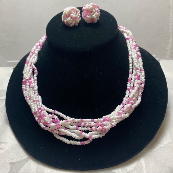 Vintage Pink and White Bohemian Glass MultiStrand Necklace Set NWT - Picture 9 of 15